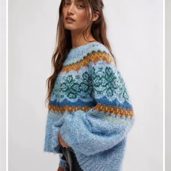 Free People Festive Frost Pullover Sweater - Ice Blue Combo - Sz Medium - Picture 4 of 11